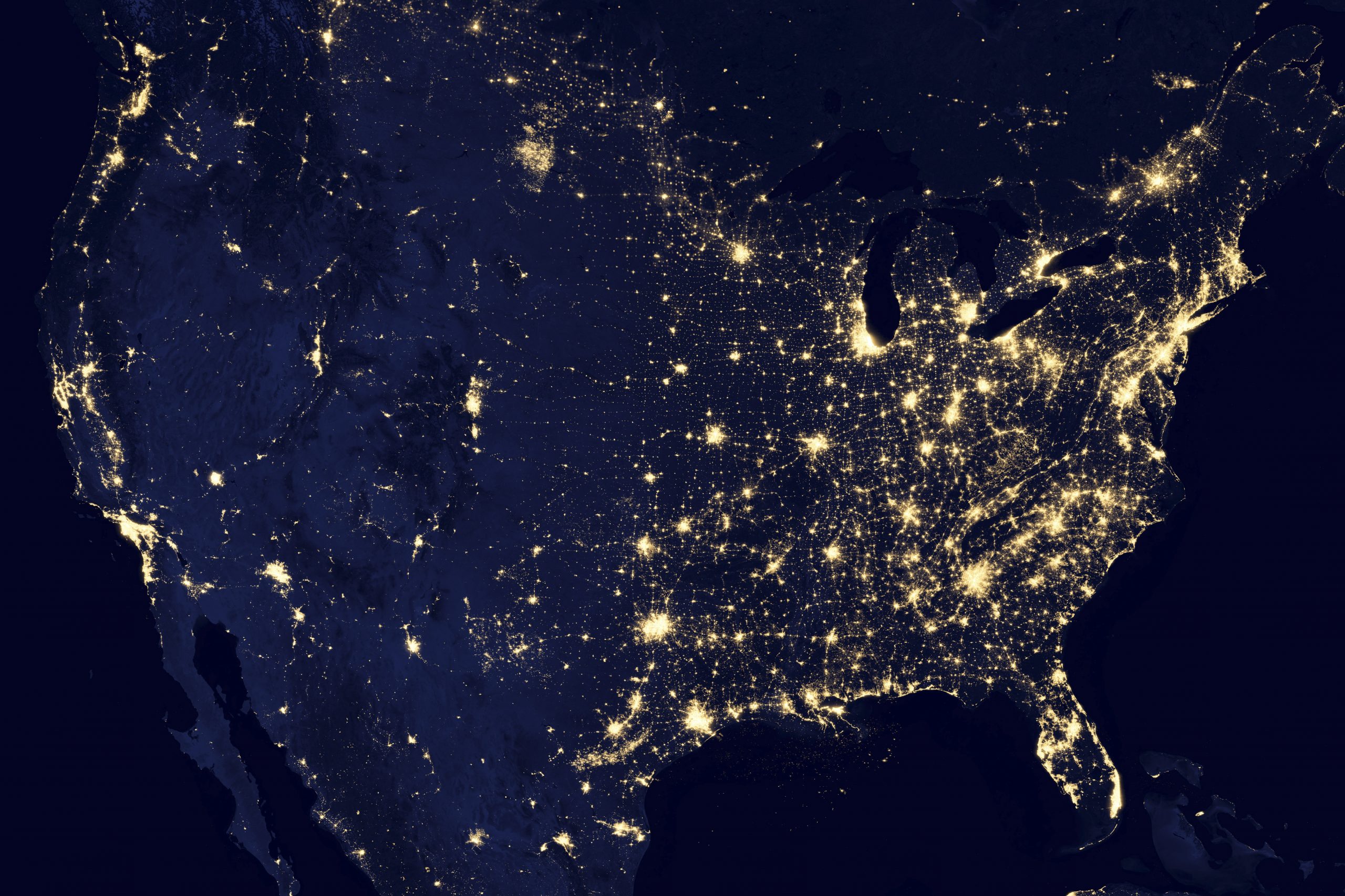 Satellite view of City lights of the United States at night.